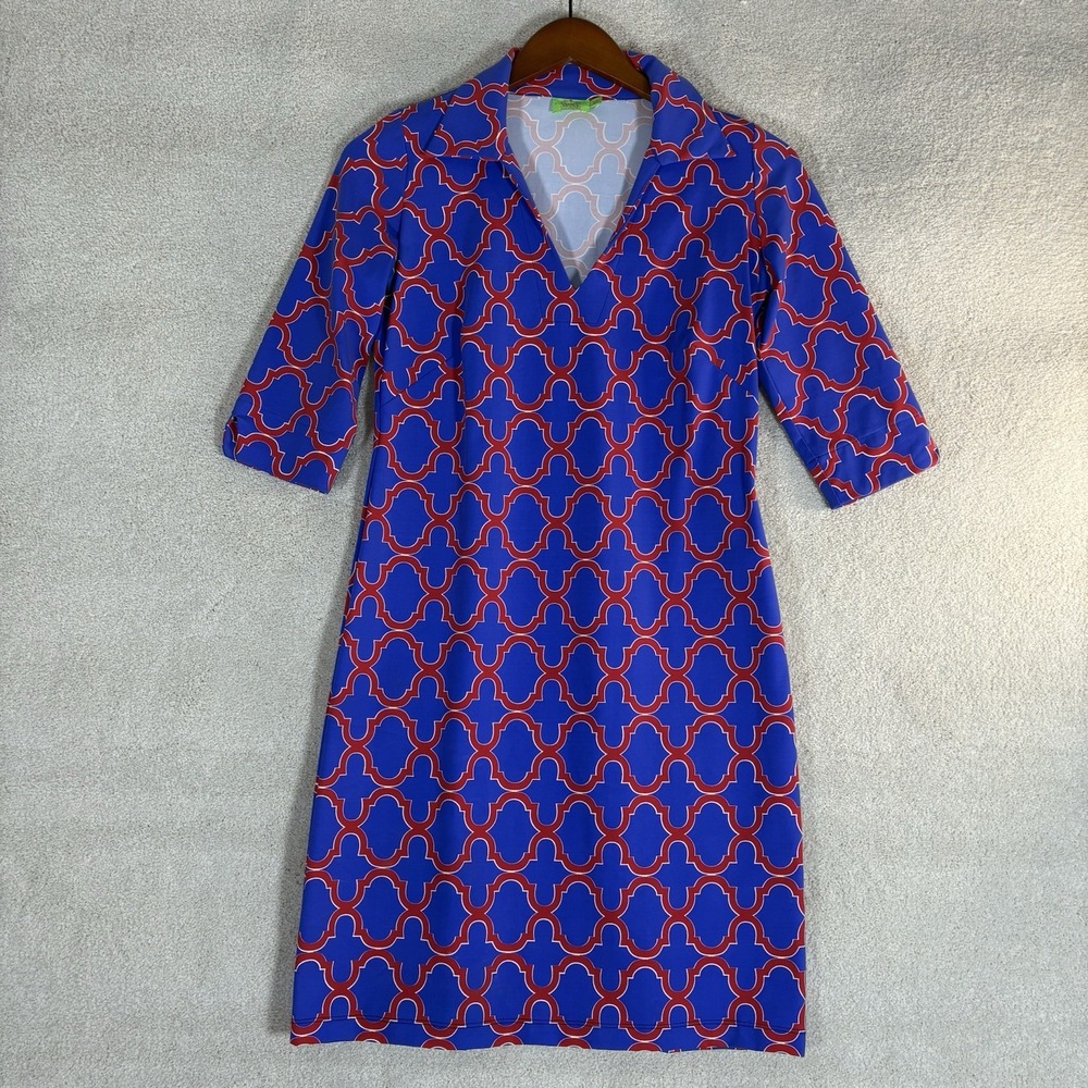 Katherine Way Shirt Dress Womens XS Blue Red Nylon Blend V-Neck Made In‎ USA